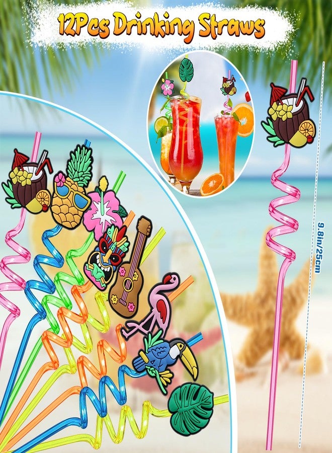 Winrayk 98Pcs Tropical Luau Party Favors Hawaiian Birthday Supplies, Straw Mini Bubble Wand Slap Bracelet Keychain Sticker Pinata Filler Goody Bag Stuffer Kids Summer Pool Beach Hawaiian Party Favors - Image 2